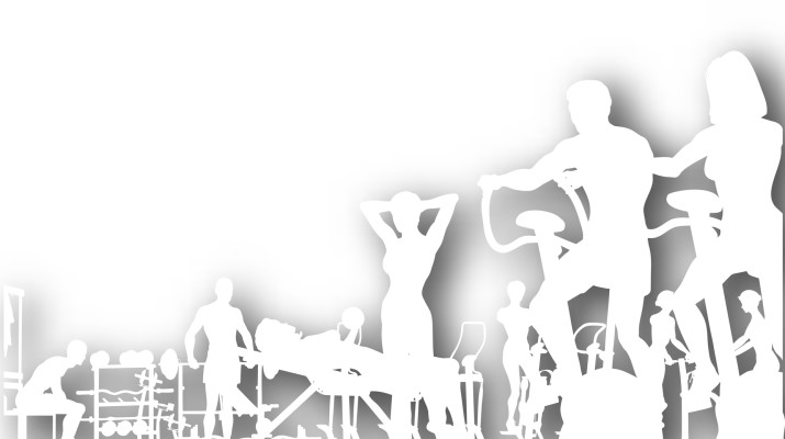 Editable vector cutout of people exercising in a gym with background shadow made using a gradient mesh